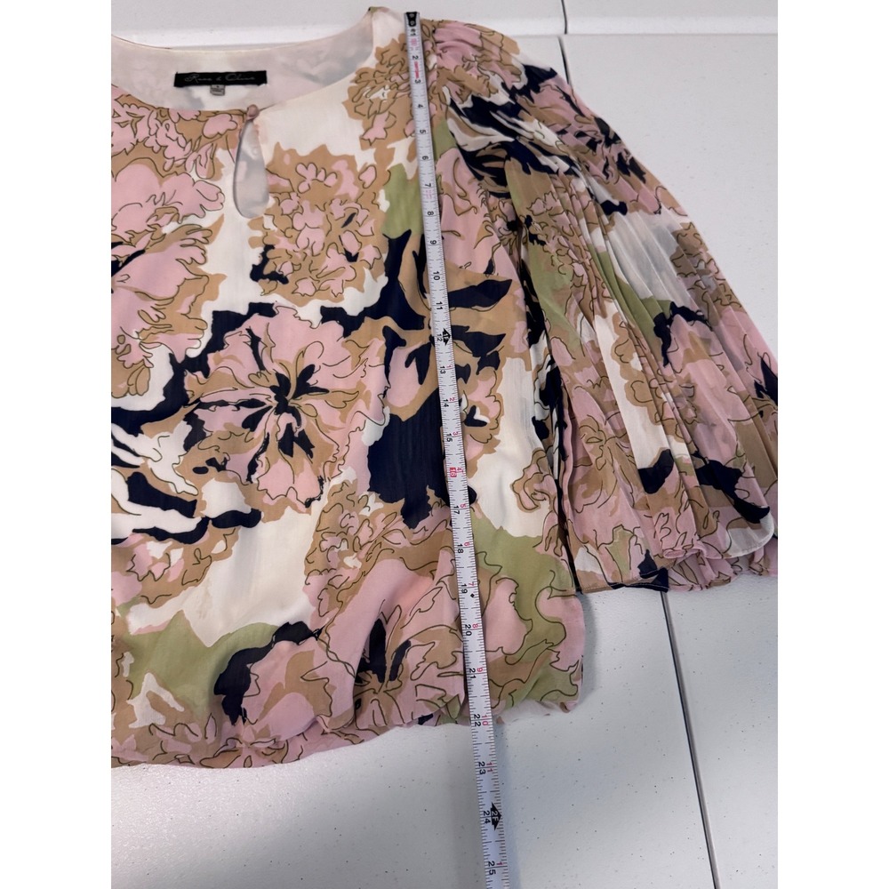 Rose & Olive Floral Pleated Bell Sleeve Blouse Boho Keyhole Top Small Pink Green - Picture 7 of 7